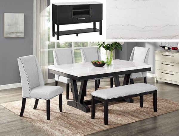 1320-6P-SB VARLEY MARBLE TBL/WING CHAIRS,BENCH
